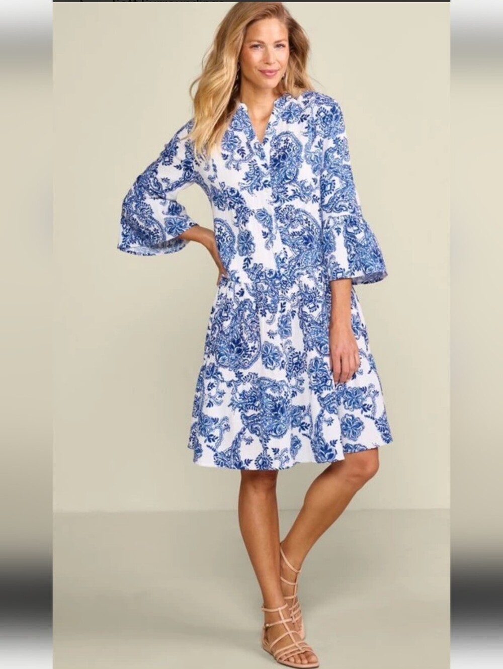 Soft Surroundings Blue & White Paisley Midi Dress Iversized  Size Small